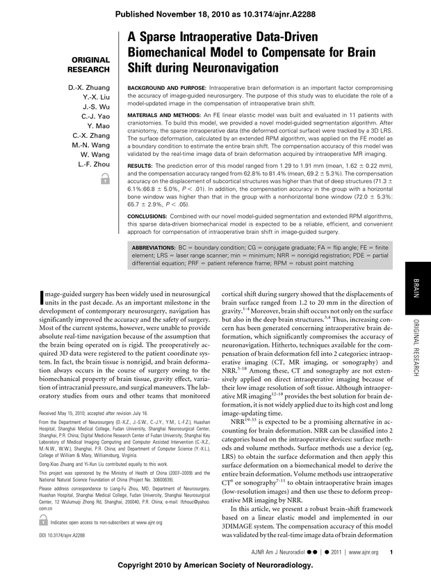 A Sparse Intraoperative Data Driven Biomechanical Model To Compensate For Brain Shift During Neuronavigation American Journal Of Neuroradiology